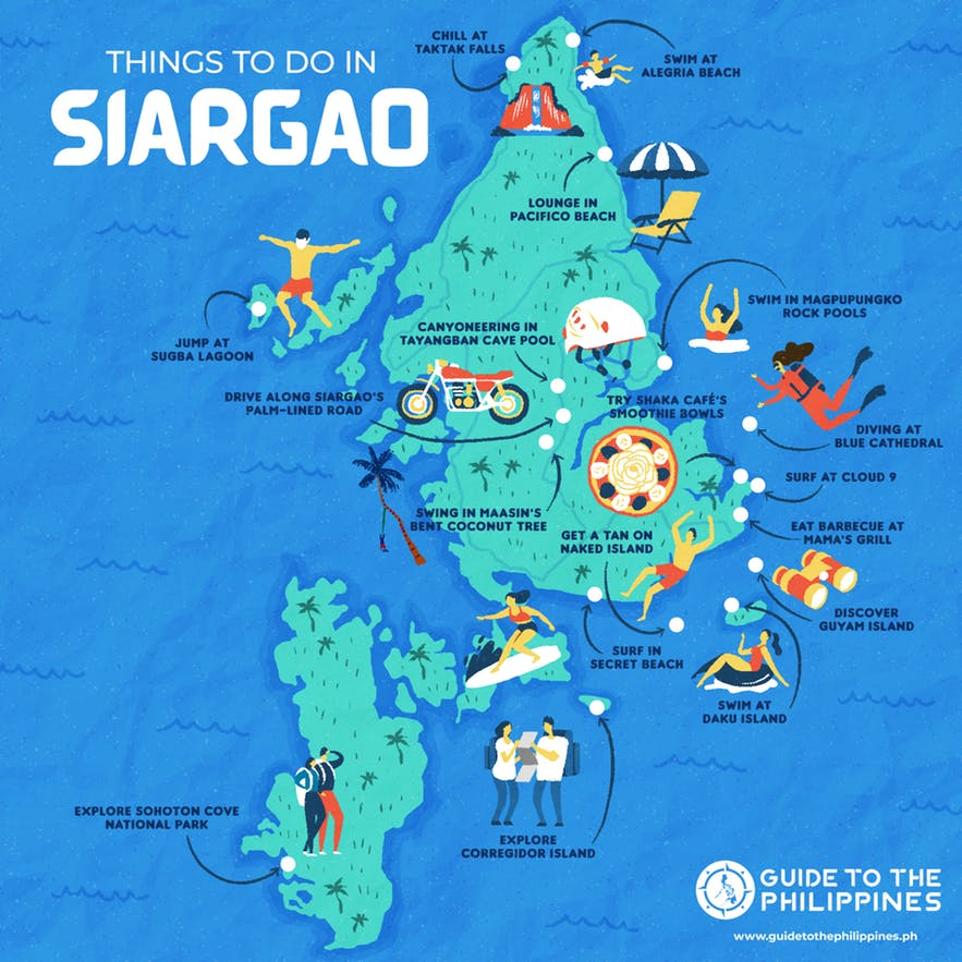 Map of Siargao Island showing things to see and do Map of Siargao Island showing things to see and do