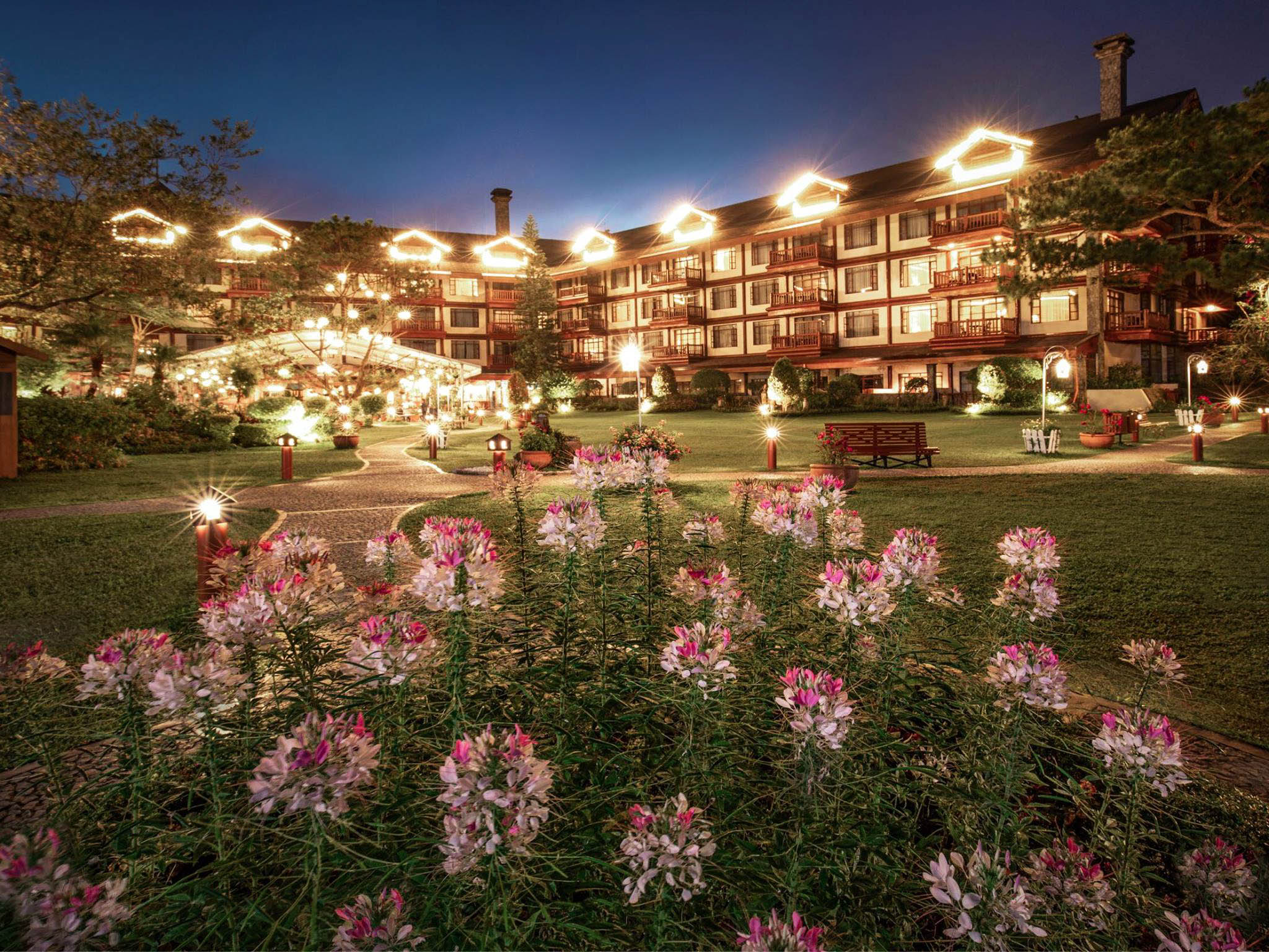 Facade of The Manor at Camp John Hay at night
