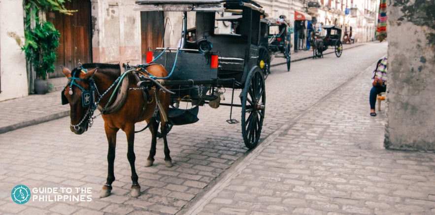 A kalesa, or horse-drawn carriage, parked along Calle Crisologo in Vigan, Ilocos Sur A kalesa, or horse-drawn carriage, parked along Calle Crisologo in Vigan, Ilocos Sur