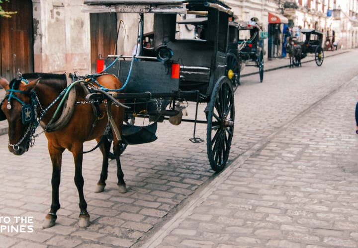 A kalesa, or horse-drawn carriage, parked along Calle Crisologo in Vigan, Ilocos Sur