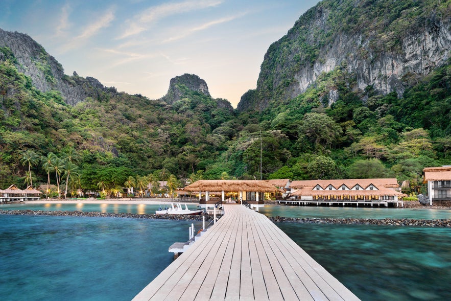 El Nido's Miniloc Island Resort facade at dawn  El Nido's Miniloc Island Resort facade at dawn