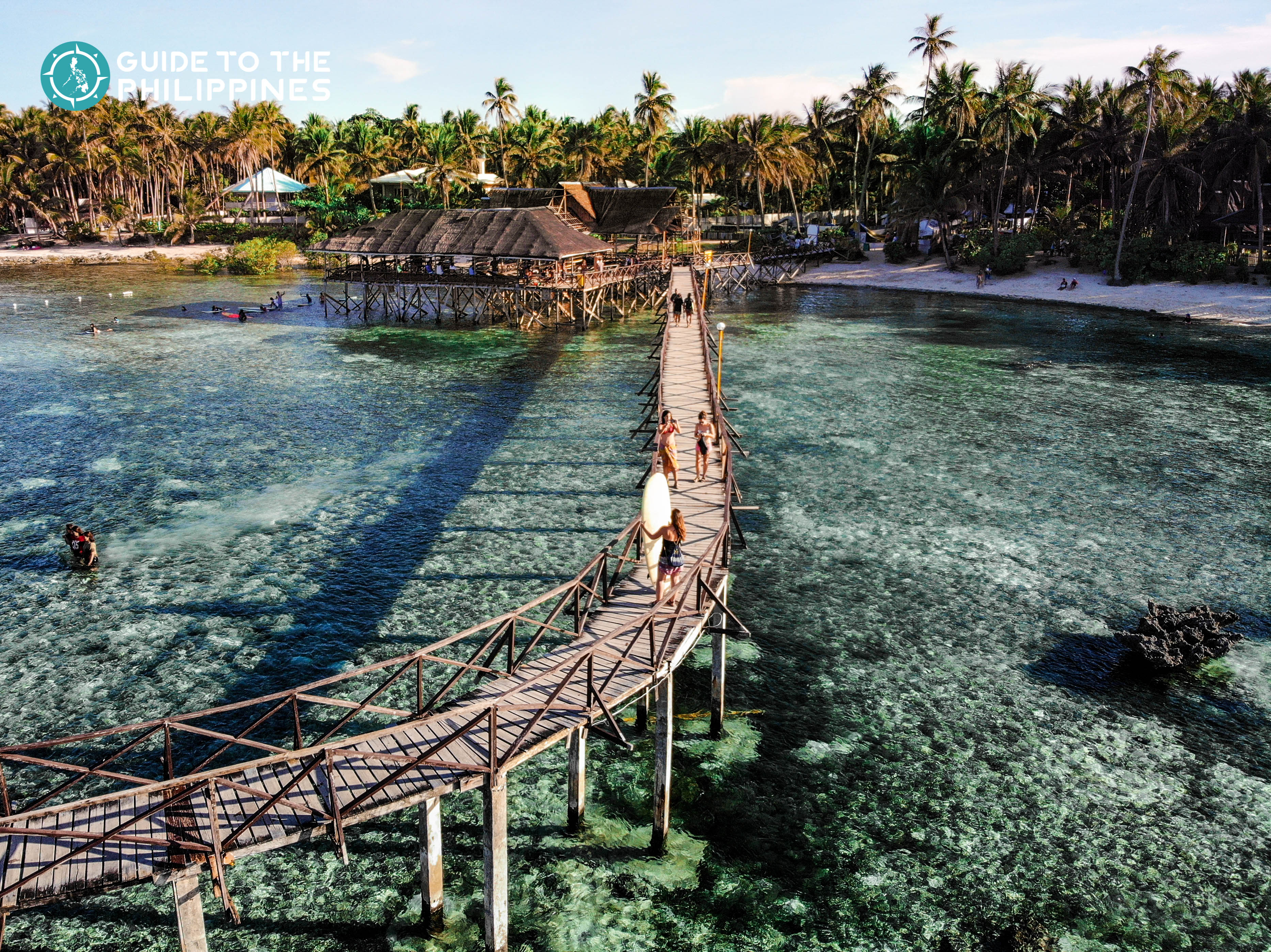 Aerial view of surfers at Cloud 9 in General Luna, Siargao Island