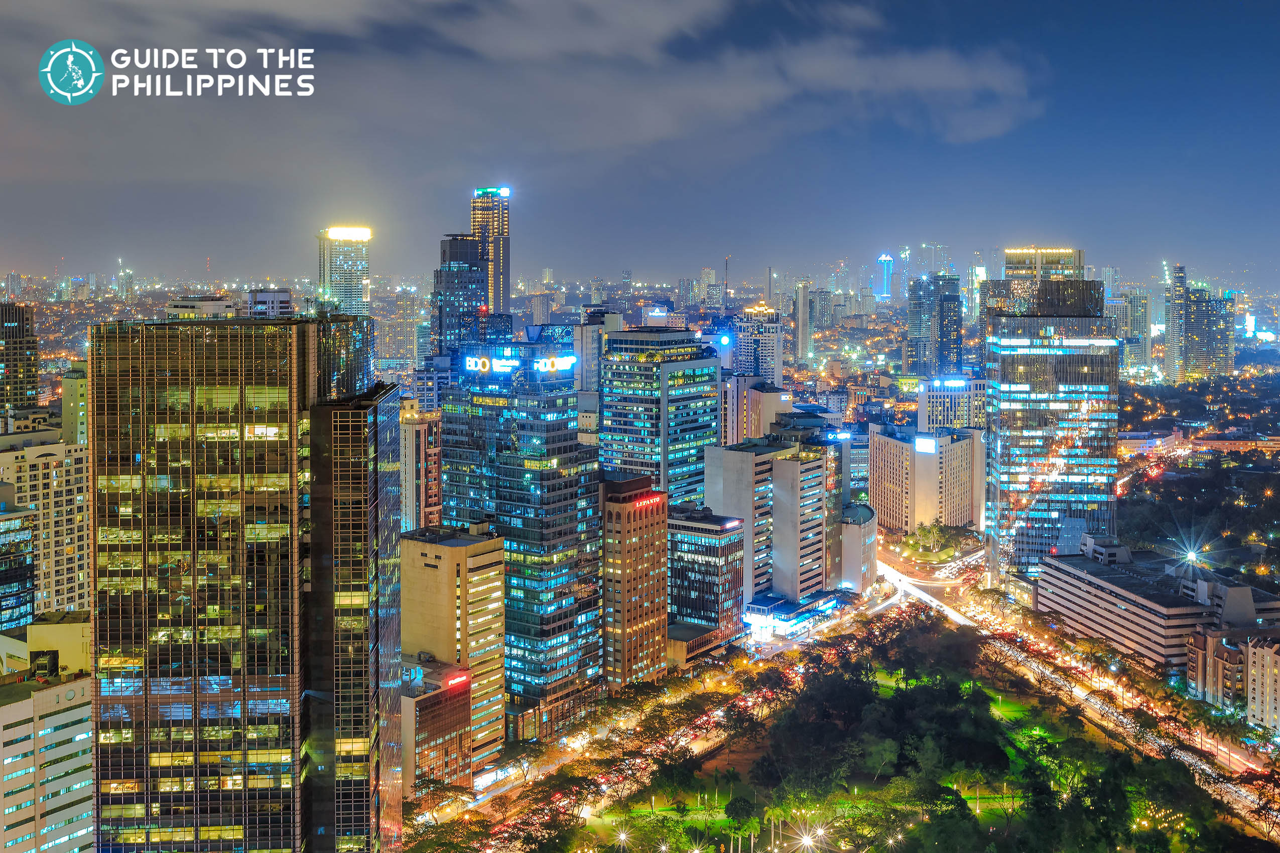 Aerial view of Ayala Triangle Gardens in Makati at night