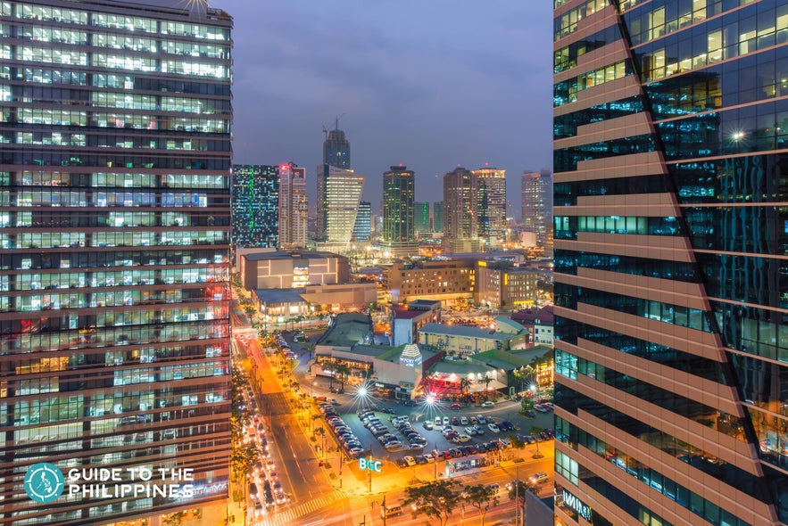 Aerial view of The Fort Strip in BGC, Taguig City at night Aerial view of The Fort Strip in BGC, Taguig City at night