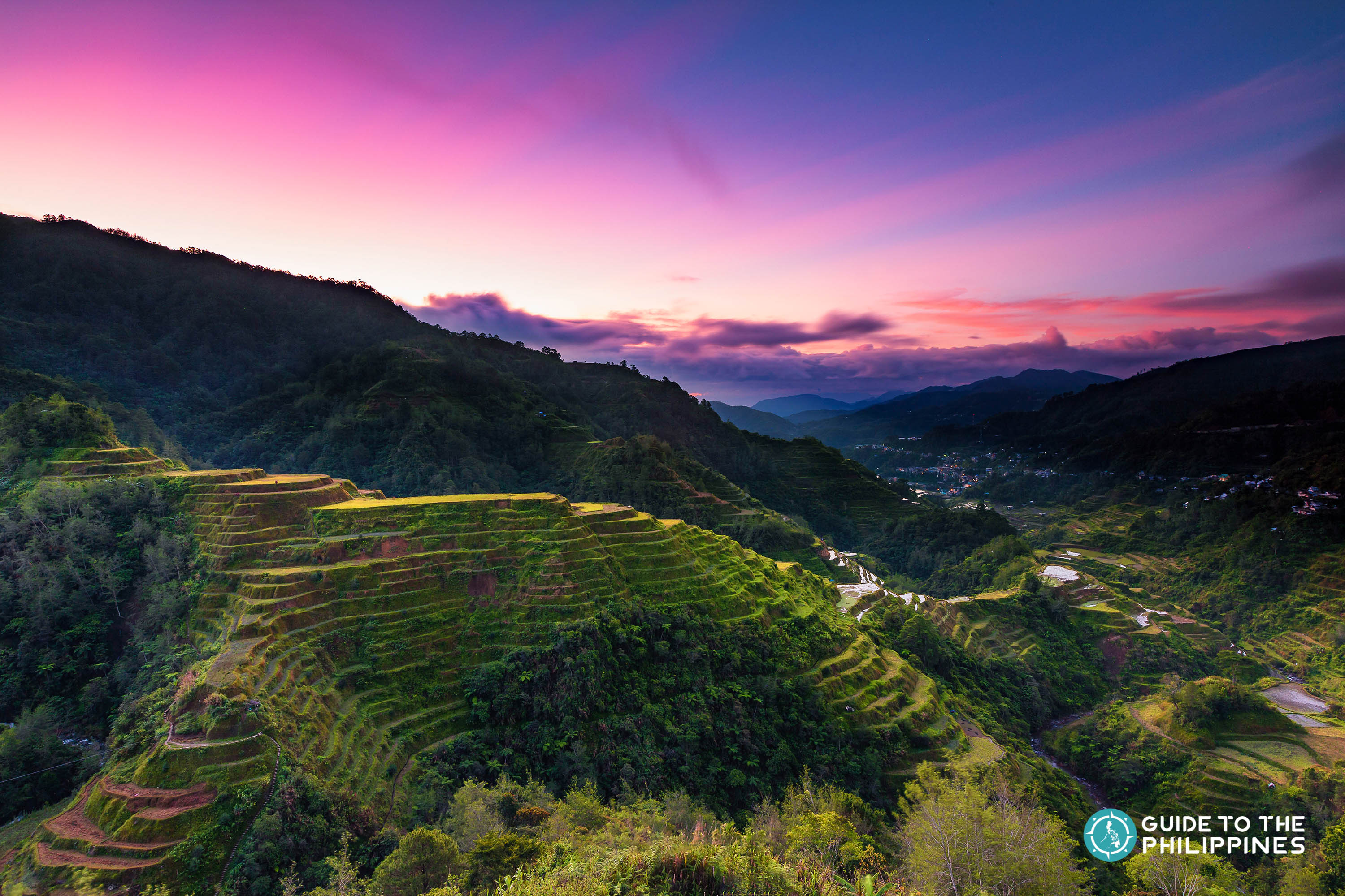 View of Banaue Rice Terraces at dusk