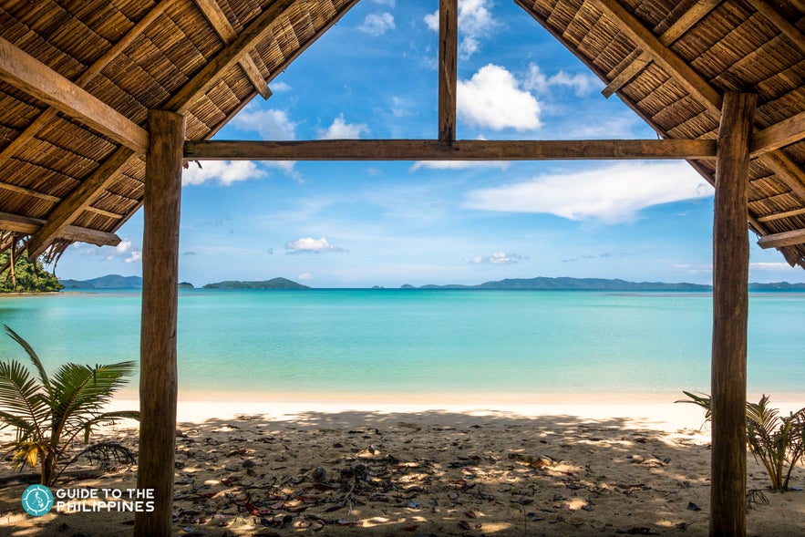 Beach view from a nipa hut at Long Beach in San Vicente, Palawan Beach view from a nipa hut at Long Beach in San Vicente, Palawan