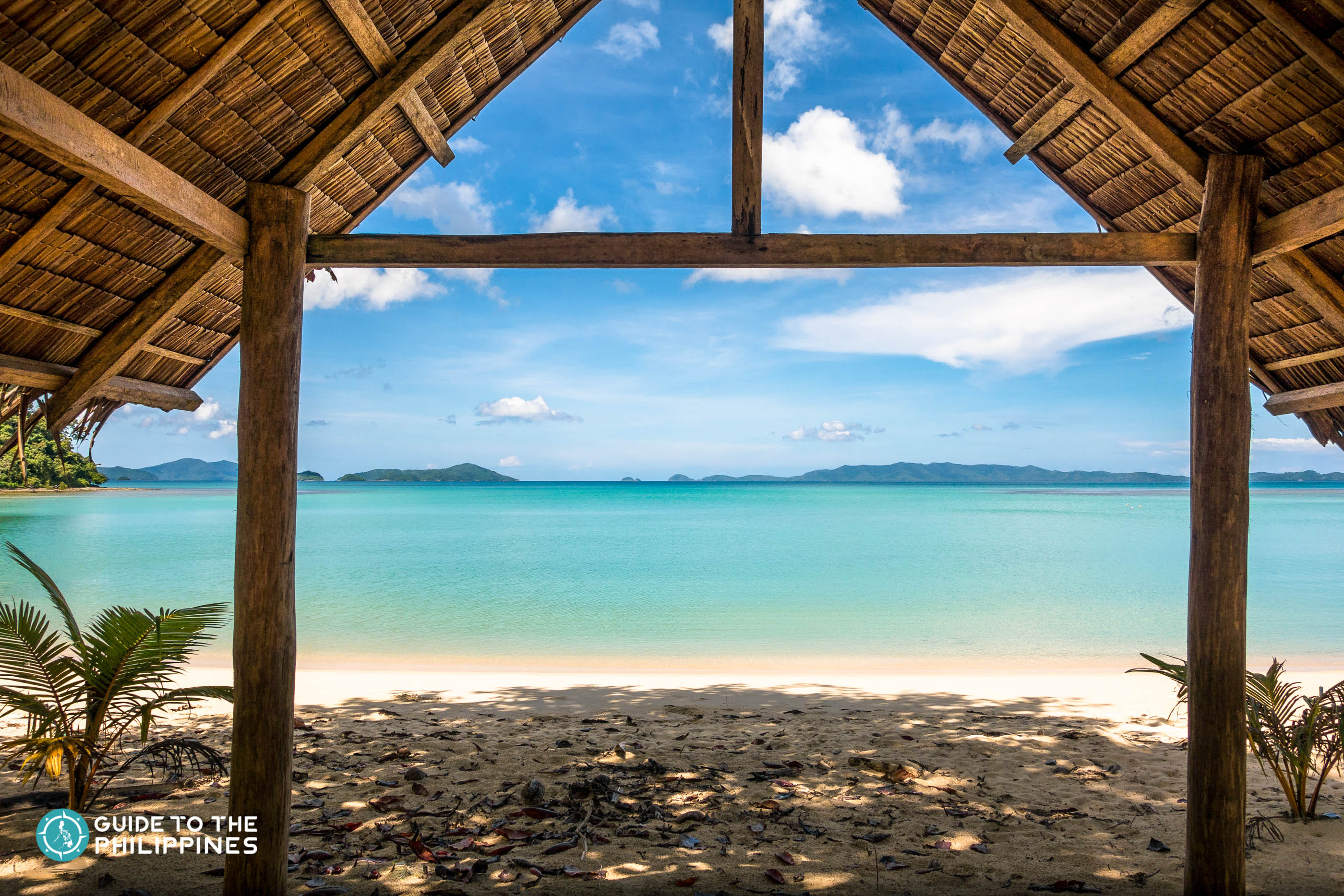 Beach view from a nipa hut at Long Beach in San Vicente, Palawan