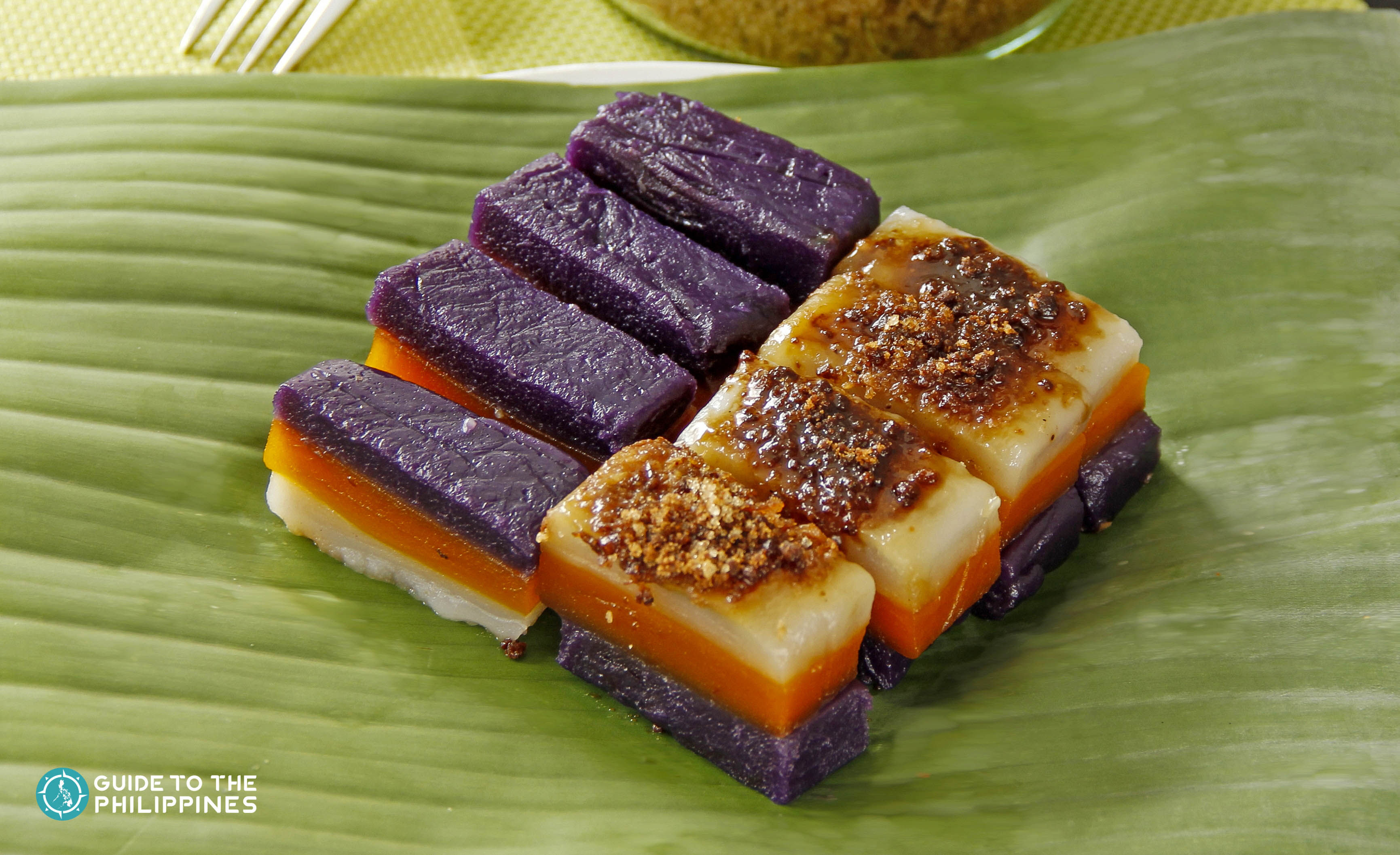 Sapin-sapin is a chewy 3-layered colors of glutinous rice cake in the Philippines