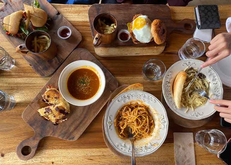Flat lay of food in a restaurant