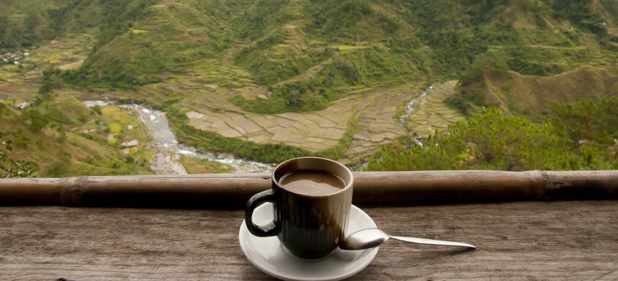 Coffee with a rice terraces view Coffee with a rice terraces view