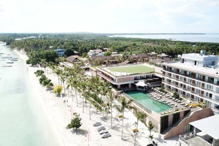 Palm trees and white sand beach in front of Modala Resort in Bohol