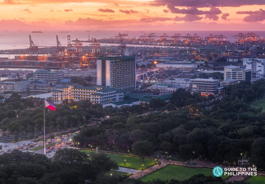 Aerial view of Rizal Park, beside a major road in Manila Aerial view of Rizal Park, beside a major road in Manila