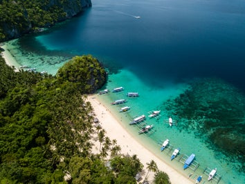 Aerial view of Seven Commandos Beach in El Nido