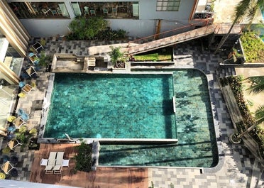 Aerial view of the pool area at Solea Palms Resort in Cebu