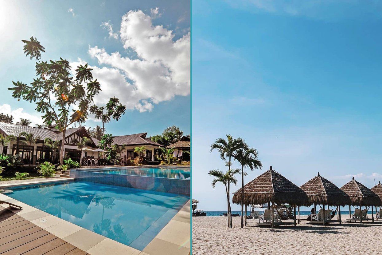 Poolside of Rose Villas Resort and beach huts of Crystal Beach Resort