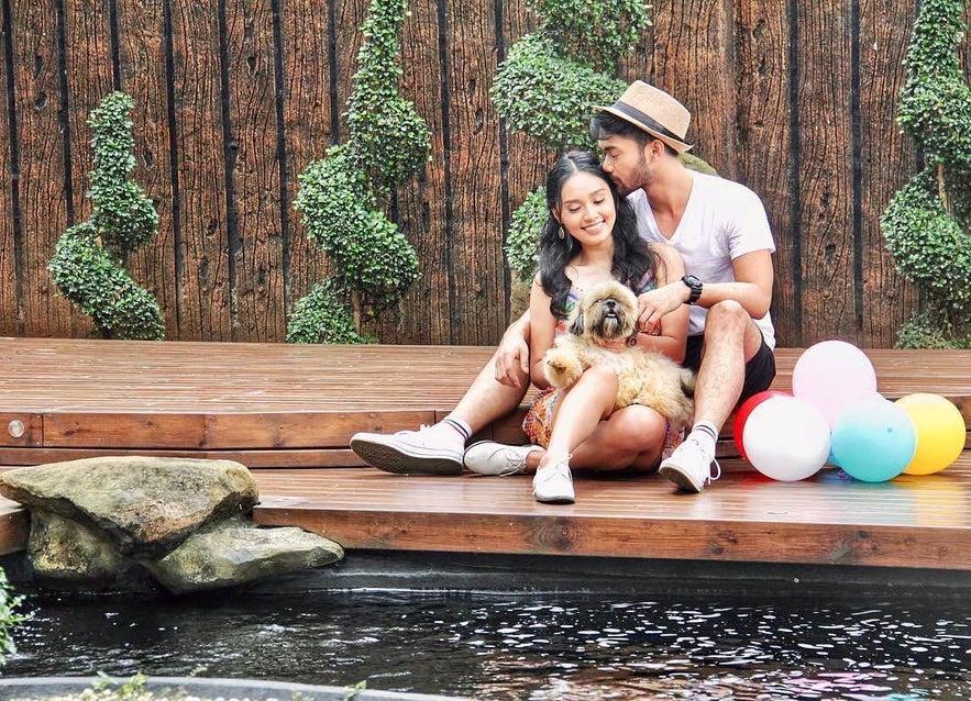 A couple with their dog in Luljetta's Hanging Gardens Spa A couple with their dog in Luljetta's Hanging Gardens Spa