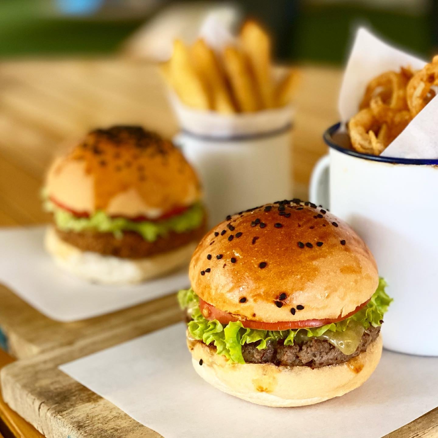 Supermagic Burgers with a side of onion rings