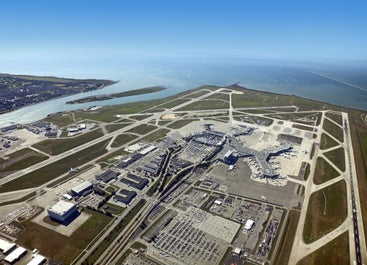 Aerial view of Vancouver International Airport during Philippines Airlines take-off  to Manila