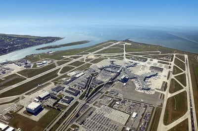 Aerial view of Vancouver International Airport during Philippines Airlines take-off to Manila