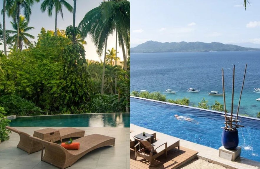 Lounge chairs and pool in The Farm at San Benito Lounge chairs and pool in The Farm at San Benito