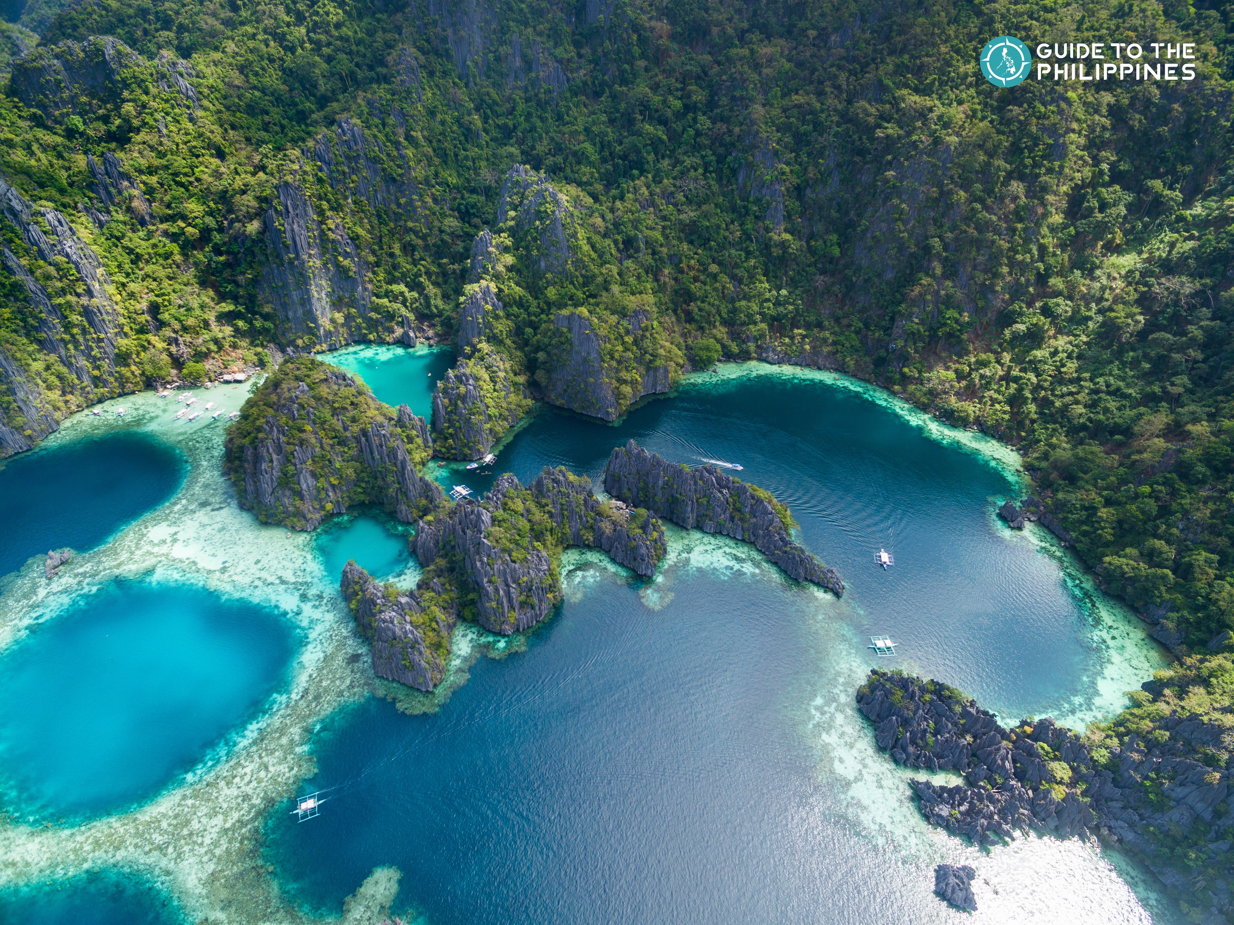 Drone shot of the prisitne Twin Lagoon in Coron, Palawan.