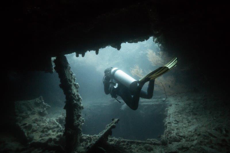 Diver exploring the Skeleton Wreck Diver exploring the Skeleton Wreck