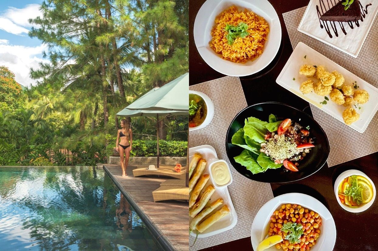 The Farm at San Benito's outdoor pool and vegetarian dishes