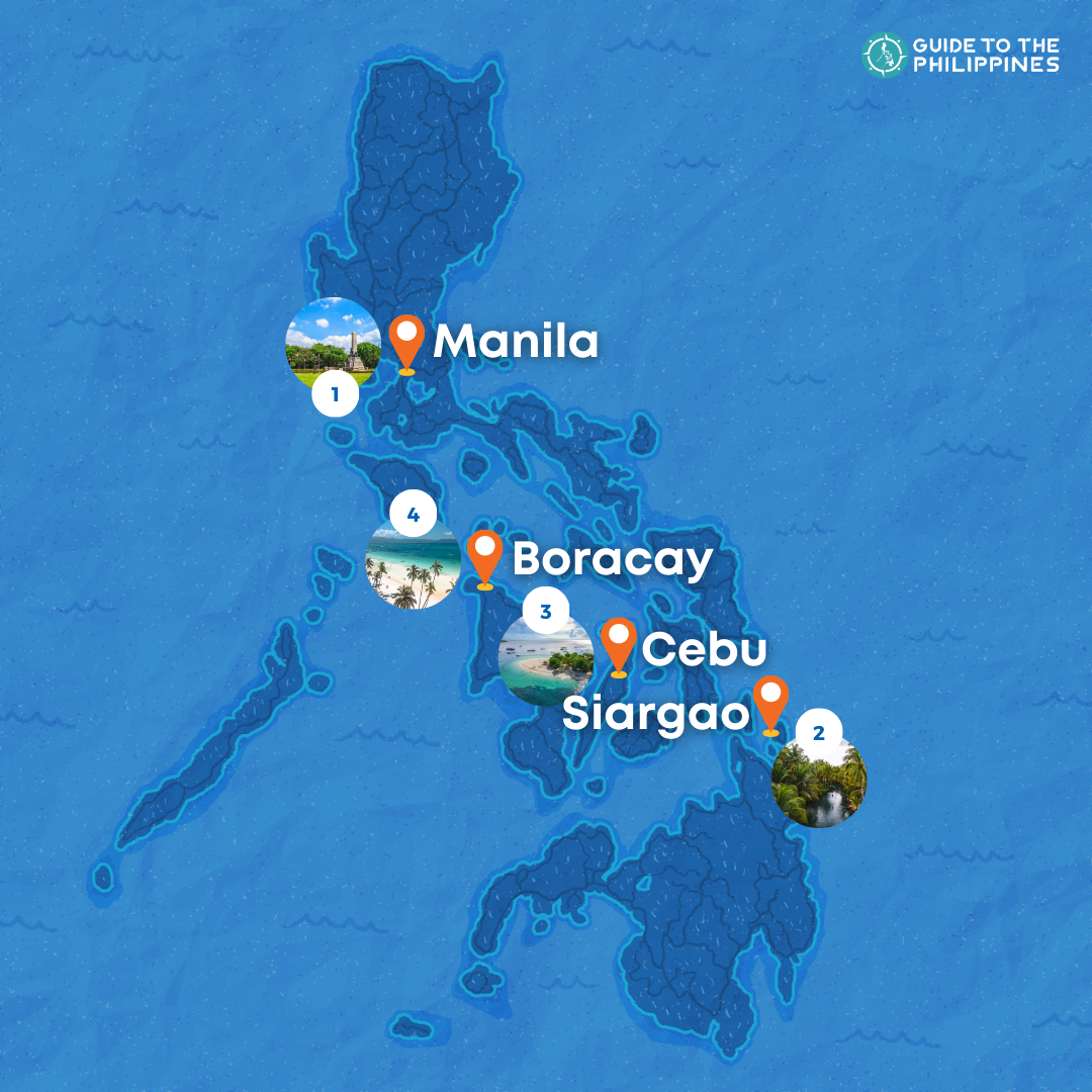 1-Week Philippines Itinerary route map to Siargao to Cebu & Boracay Islands
