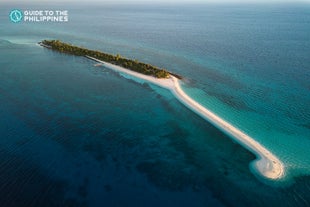 An expansive panoramic view of the crystal-clear waters and pristine white sands of Kalanggaman Island during a tour in Leyte Province.