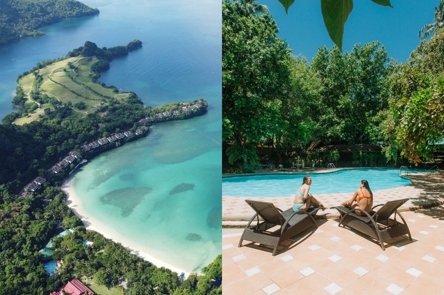 Aerial view of Dakak resort and lounging at the pool Aerial view of Dakak resort and lounging at the pool