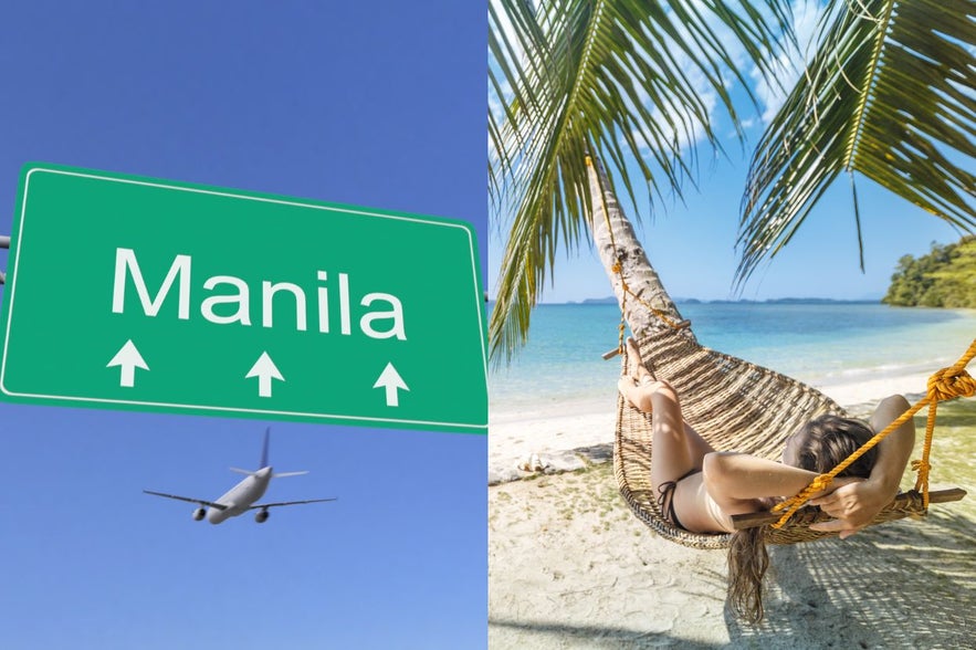 Airplane going to Manila & Woman in swimsuit in El Nido Palawan Airplane going to Manila & Woman in swimsuit in El Nido Palawan