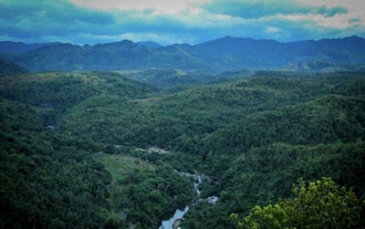 The scenic view from the summit of Mt. Manalmon, showing a lush forest and Madlum River, a top spot for Bulacan Province hiking tours
