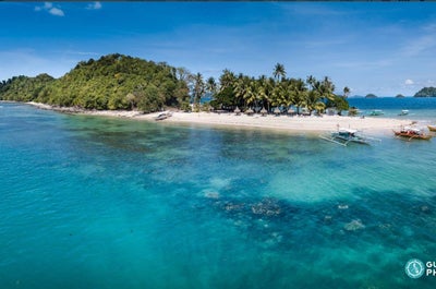 Pristine white sand long coast of San Vicente, Palawan