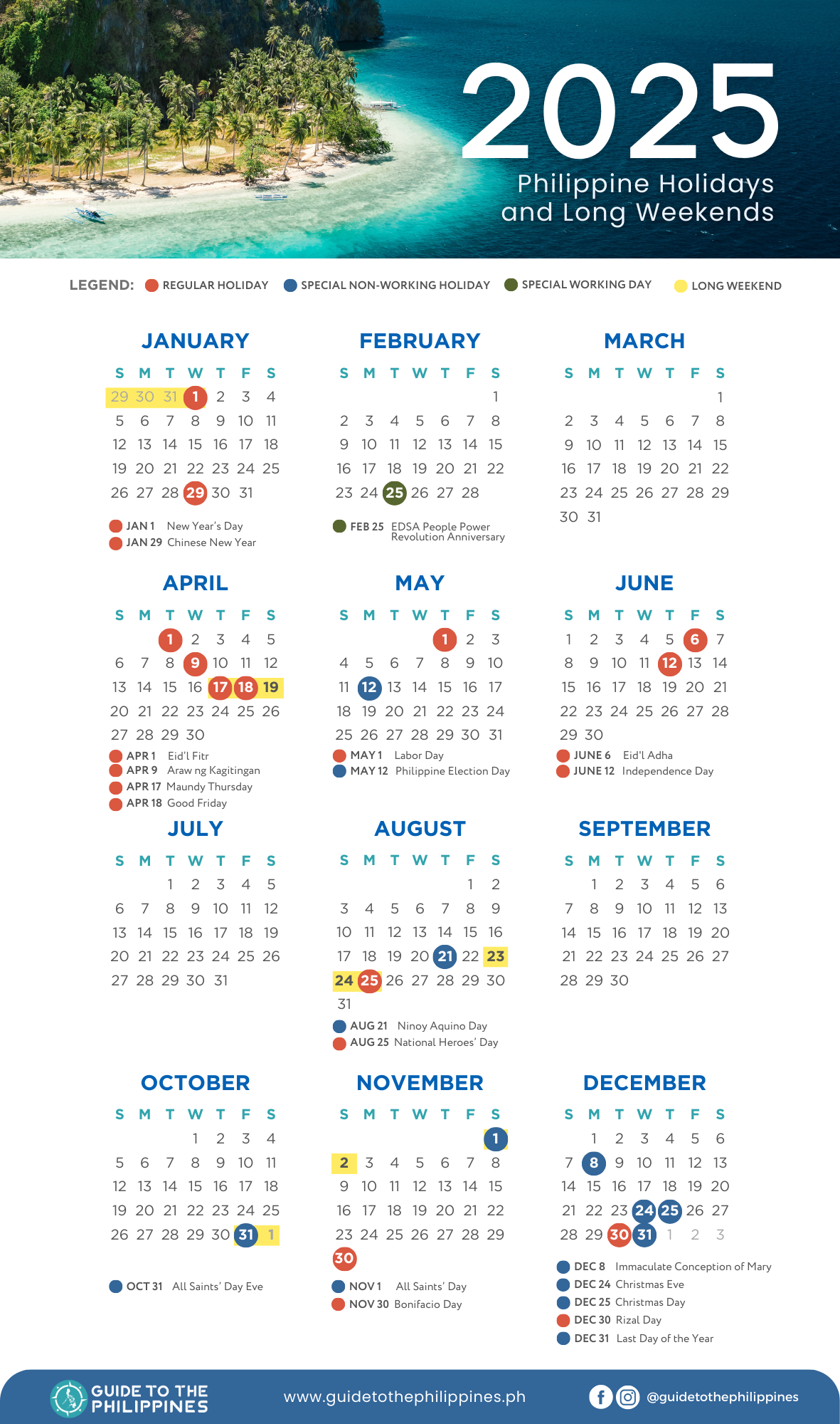 2025 calendar with holidays and long weekends in the Philippines