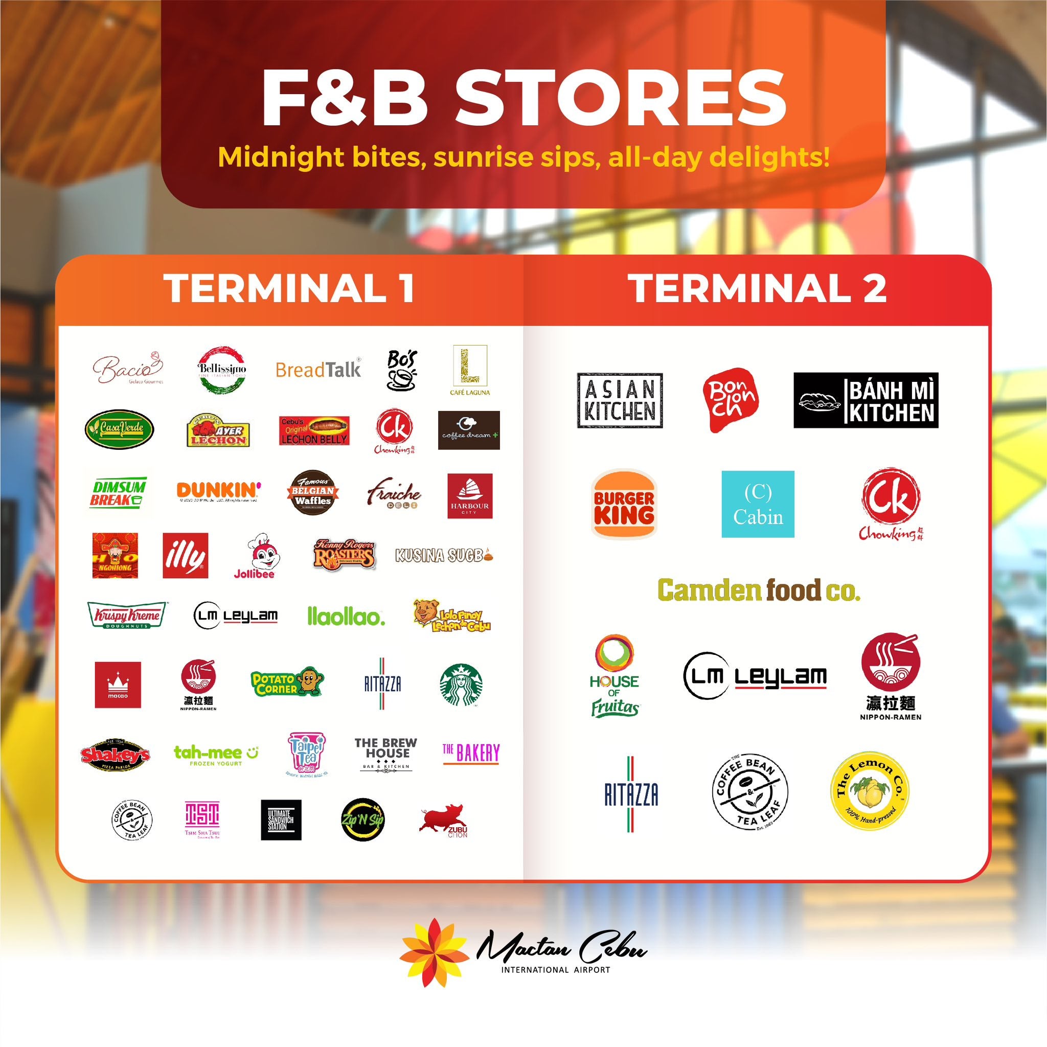 A list of the food and beverage stores in Mactan-Cebu International Airport.
