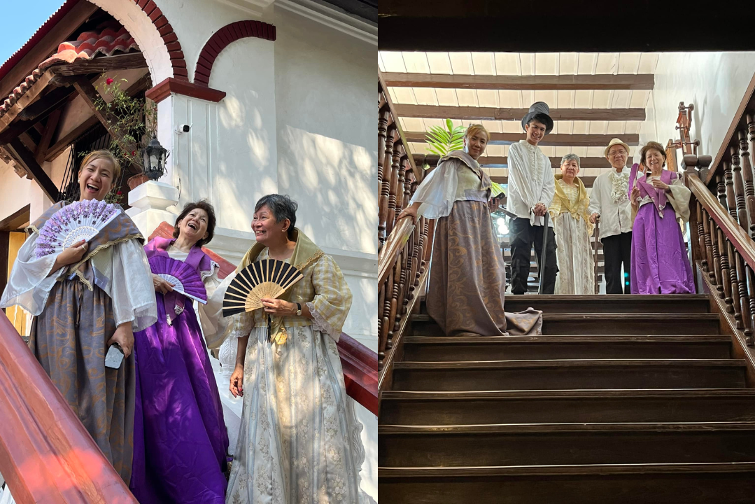 Travelers dressed in traditional Filipino attire pose inside the historic Villa Angela Heritage House.