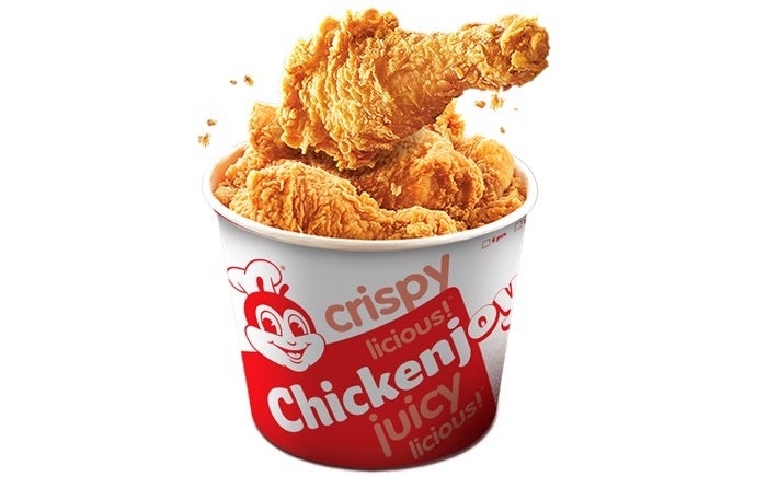 Jollibee fried chicken in a bucket