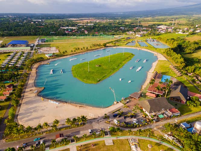 A scenic aerial view of CamaSur Water Sports Complex, a top attraction during this tour from Legazpi City