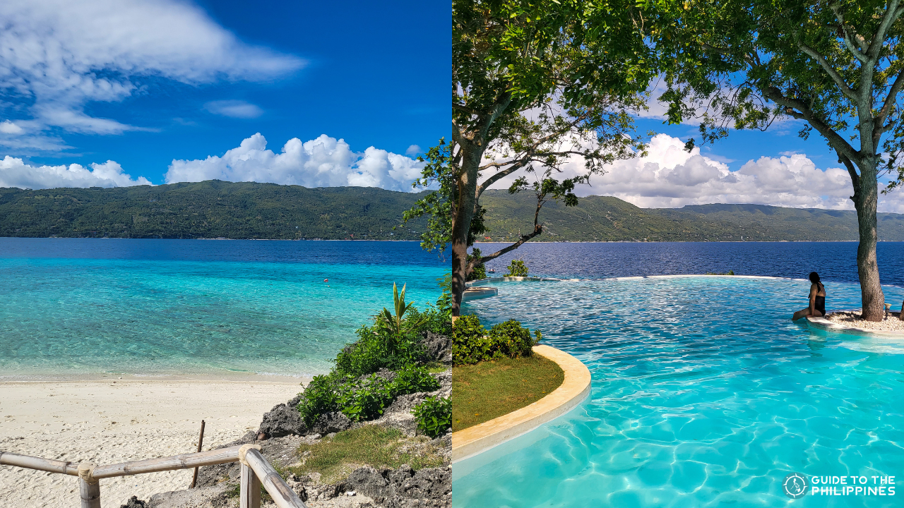 A collage featurting the white sand beach and crystal clear waters of Sumilon Island, and the infinity pool of Bluewater Sumilon Resort.