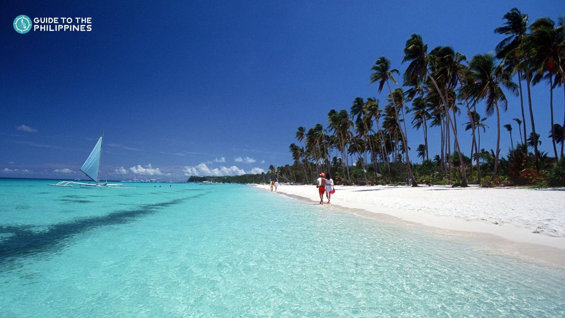 The stunning white sand beach and crystal clear waters of Boracay Island.