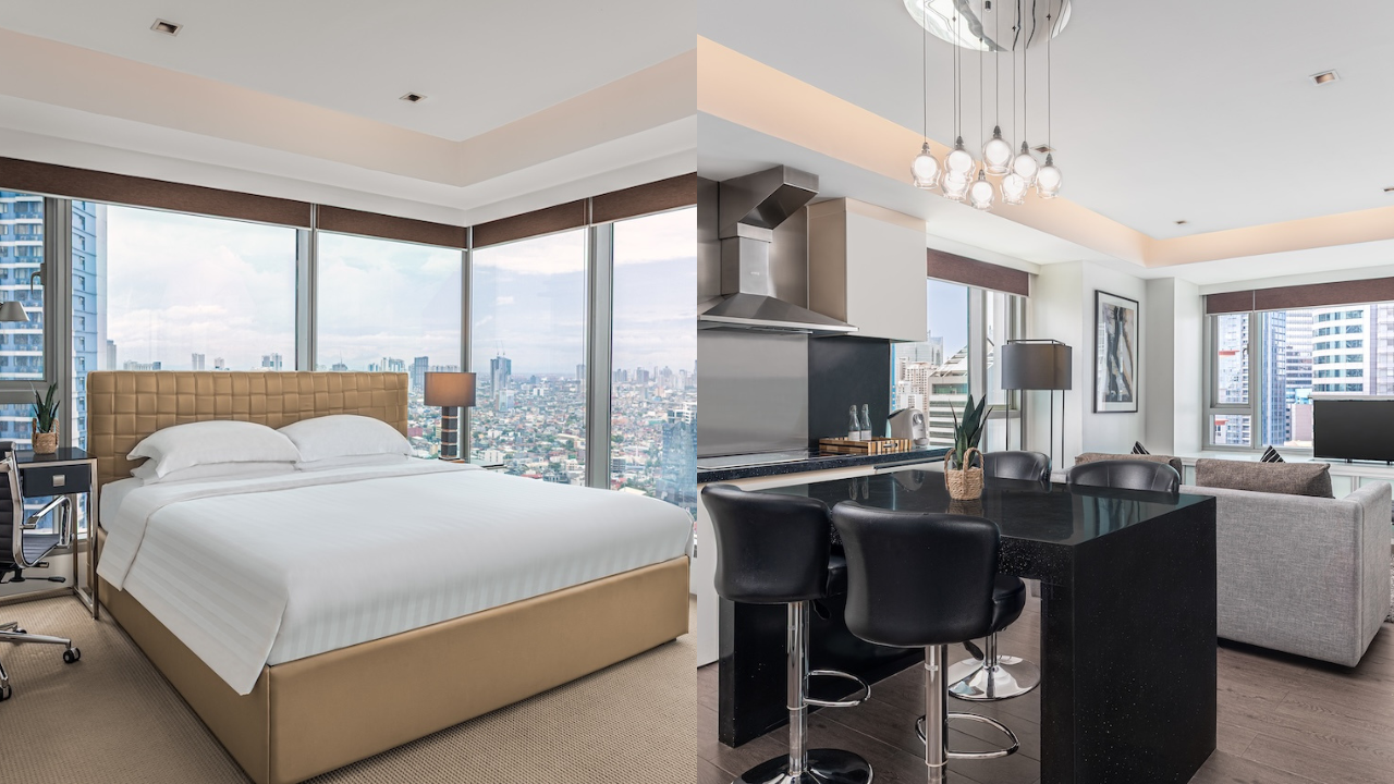The bedroom and living room ameneties of Alpha Suites Makati.