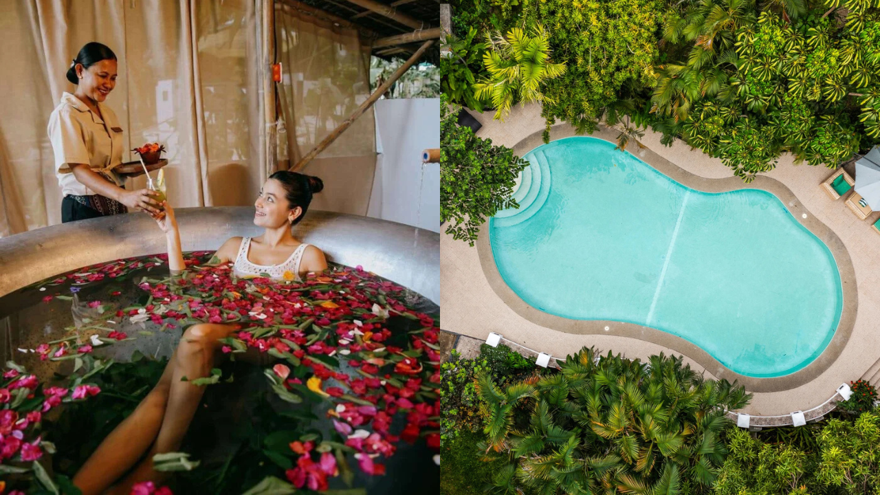A view of the Nawa Wellness Resort swimming pool and a guest enjoying the spa.