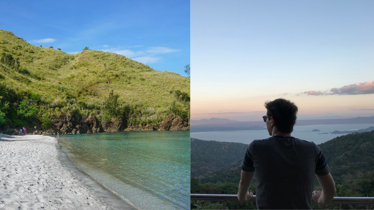 A view of the crystal clear waters of Nagsasa Cove in Zambales Province, and a traveler marveling at Taal Lake in Tagaytay City.