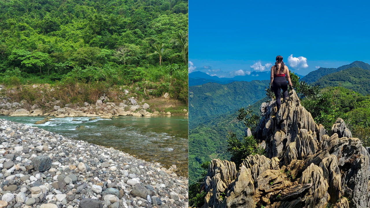 A view of Tinipak River and a hiker at the summit of Mt. Daraitan in Rizal Province.
