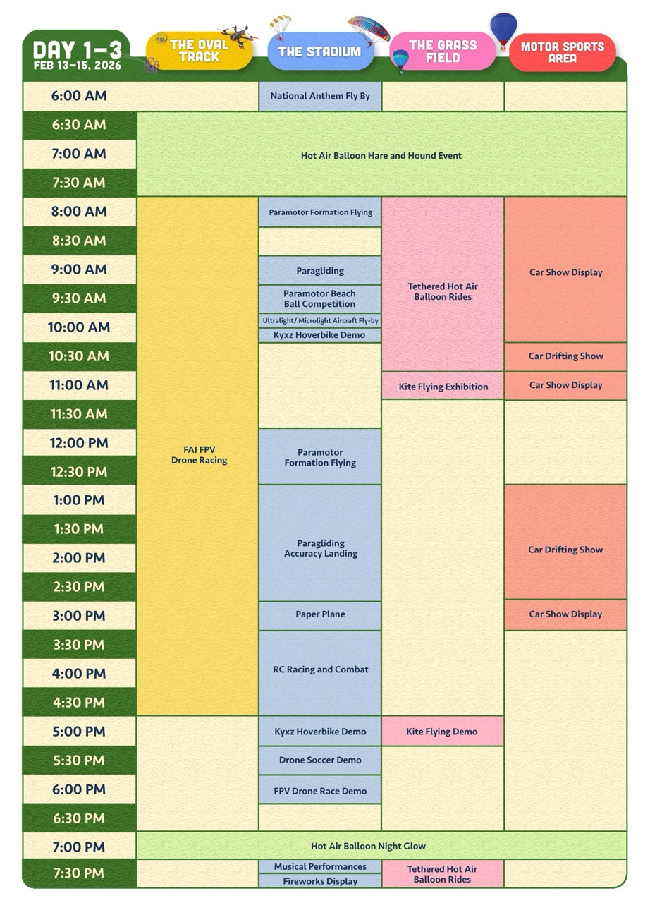 2026 Philippine International Hot Air Balloon Festival Schedule of activties and events.